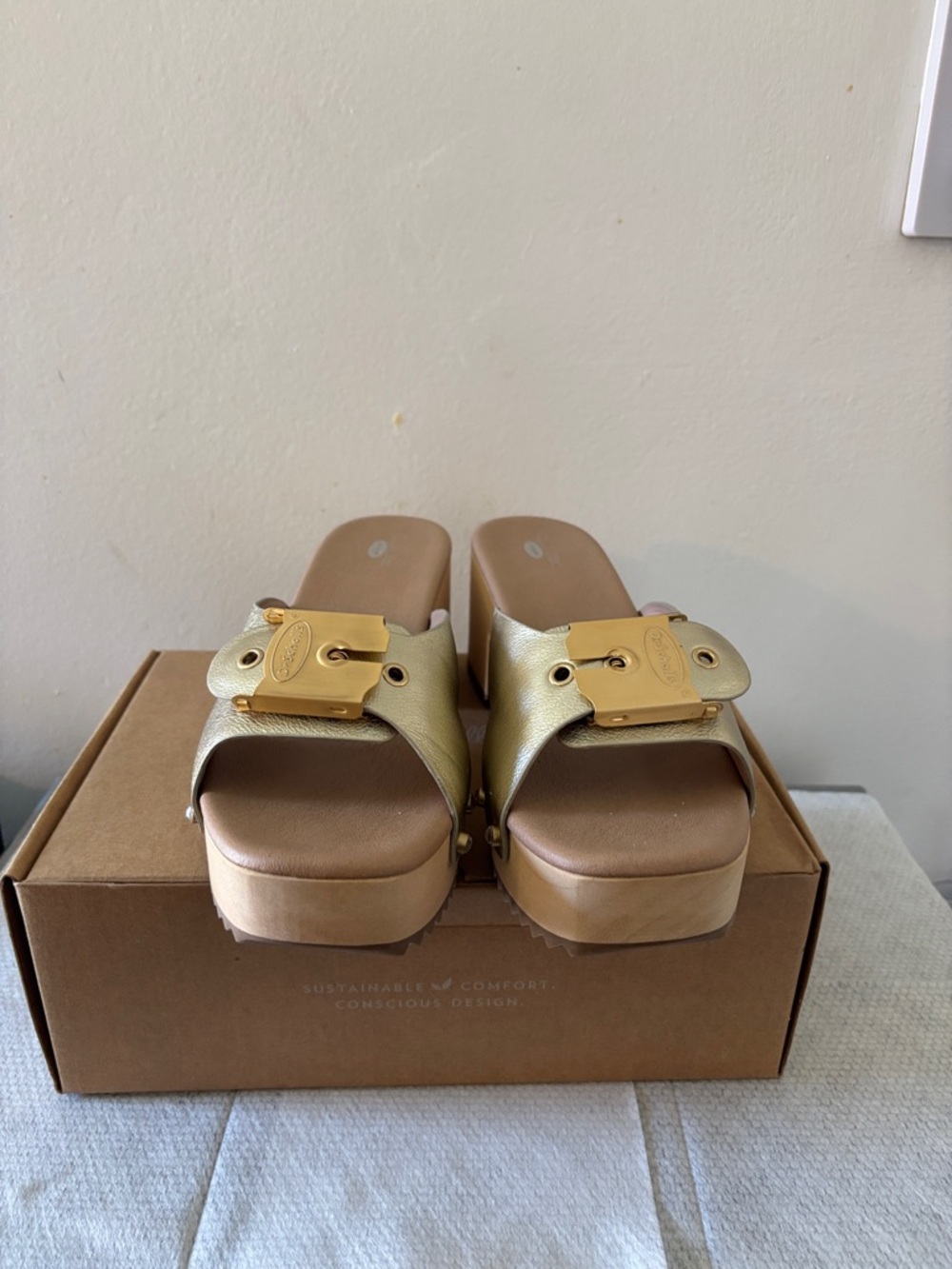 Dr. Scholl's Gold Metallic Platform Slide Mules with Accent Buckle